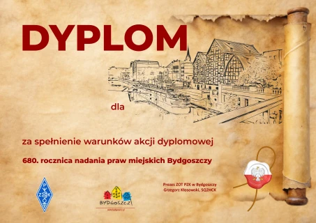 Dyplom 680. rocznica nadania praw miejskich Bydgoszczy